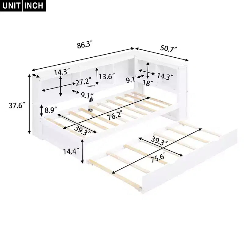 Lit de repos double Whisen Morden Design avec lit gigogne, armoires de rangement et ports USB