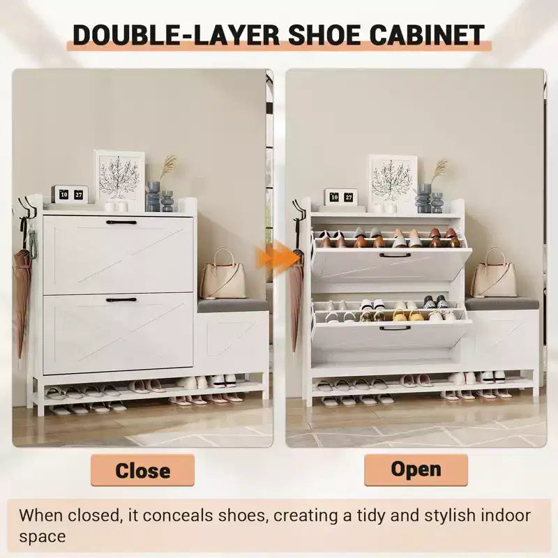 Meuble à chaussures avec banc, Meuble de rangement à chaussures étroit et mince de style rustique avec 2 tiroirs basculants pour entrée, salon, couloir