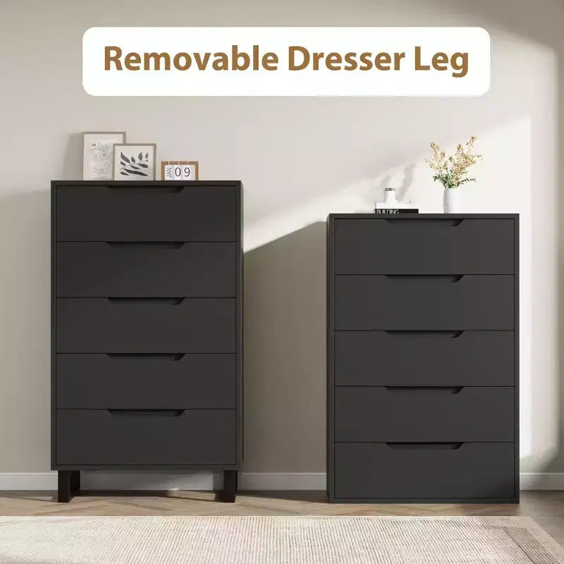 Acekool Commode Haute à 5 Tiroirs, 50 Commodes Verticales en Bois avec Pieds Détachables et Rangement Spacieux pour Chambre à Coucher, Salon, Couloir, Entrée, Noir
