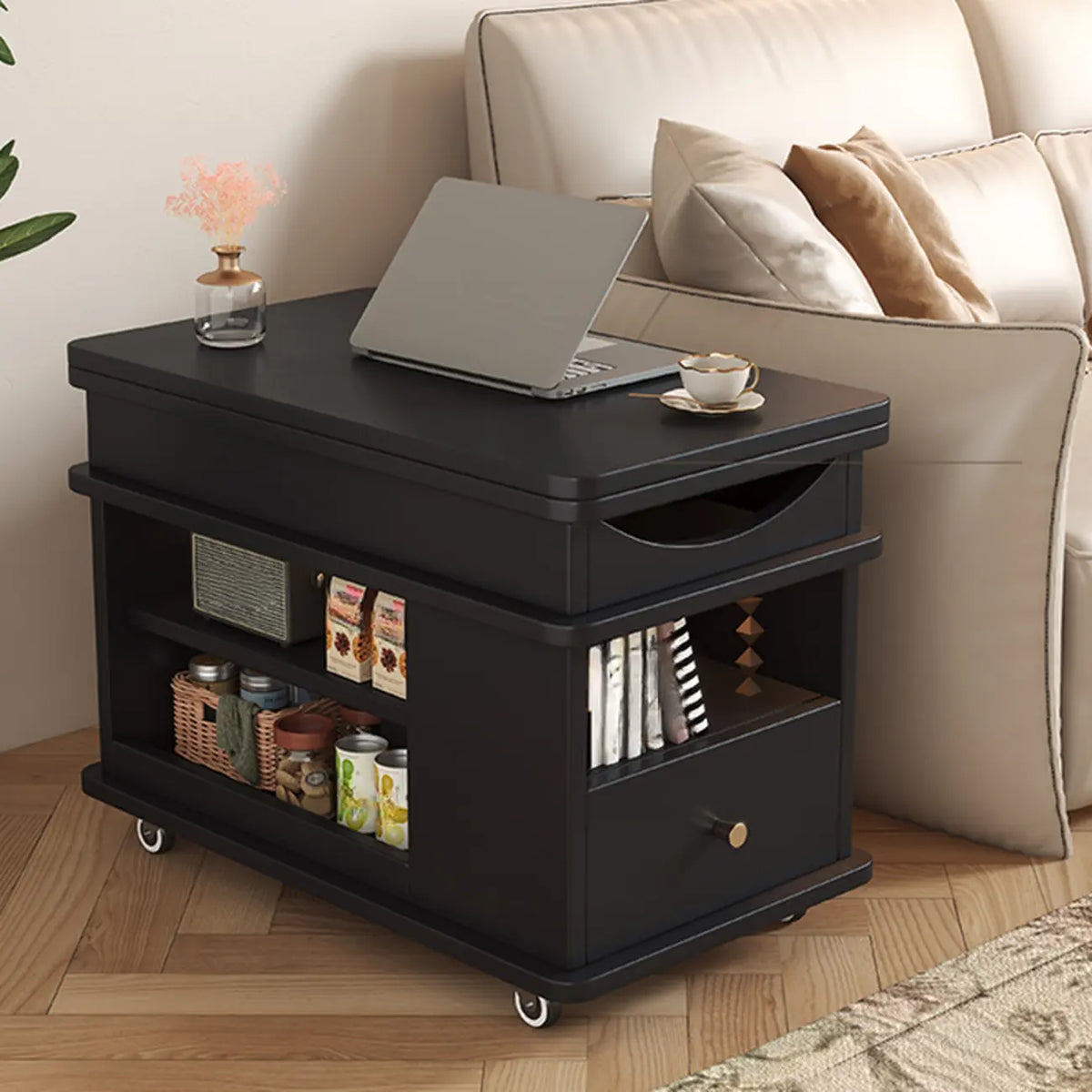 Table d'appoint pliante rectangulaire en bois et métal avec plateau relevable et roulettes