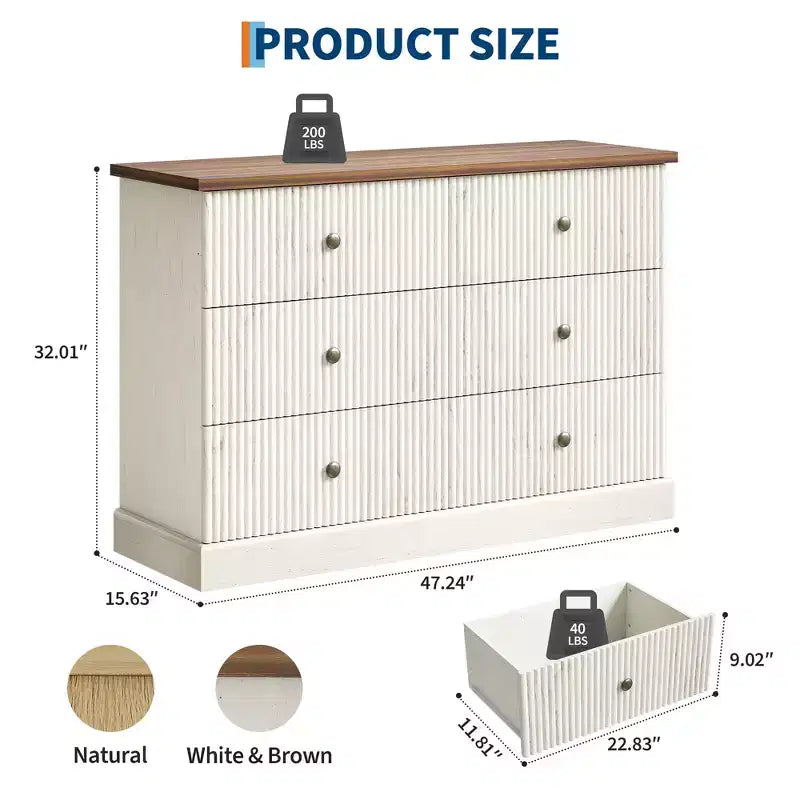 Commode à 6 tiroirs cannelés pour chambre à coucher, commode horizontale en bois avec poignées en métal, organiseur de rangement moderne pour chambre à coucher, salon