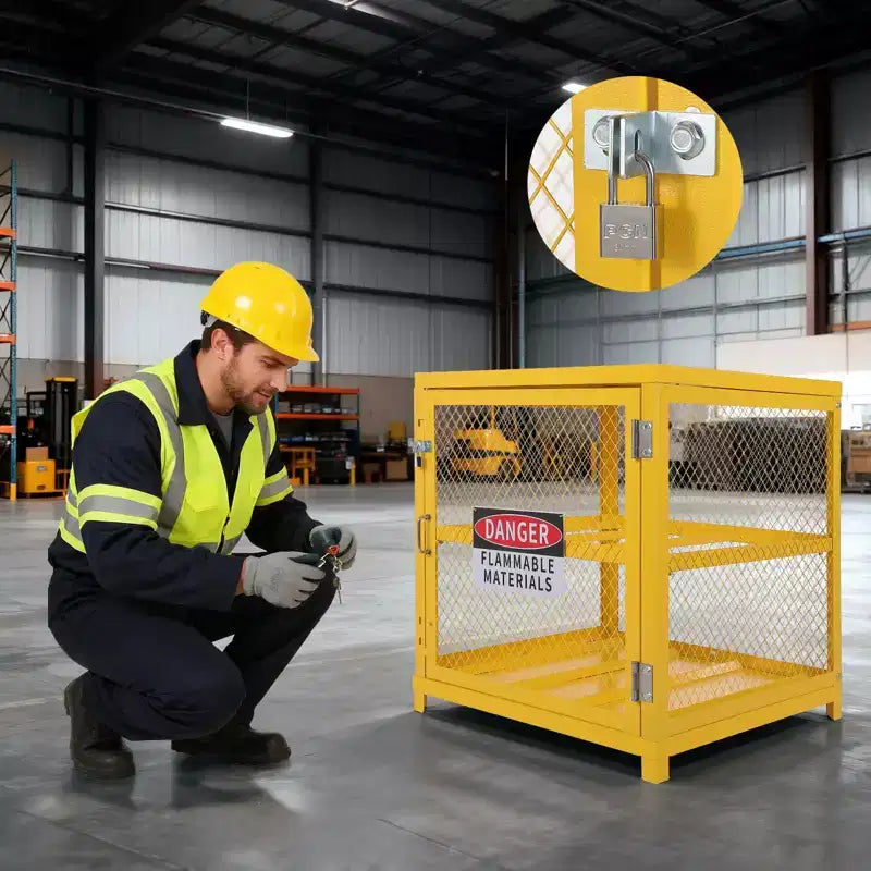 Armoires de rangement de matières dangereuses 31x30x35 pouces, verrouillables, robustes pour 4 bouteilles de propane, conformes à l'OSHA, cage pour réservoir de gaz, garde-corps antidérapants, acier jaune