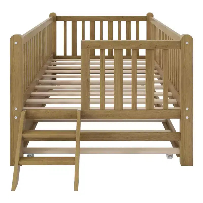 Cadre de lit double avec lit gigogne et garde-corps, lit plateforme bas avec escalier pour garçons et filles