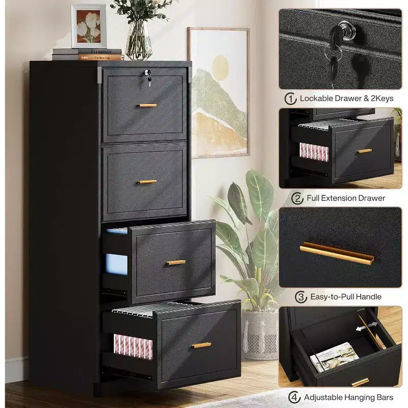 Classeur à 4 tiroirs Lantine avec serrure et clé, grand meuble de rangement vertical en bois pour dossiers légaux/lettres/A4, rangement pour bureau à domicile, noir