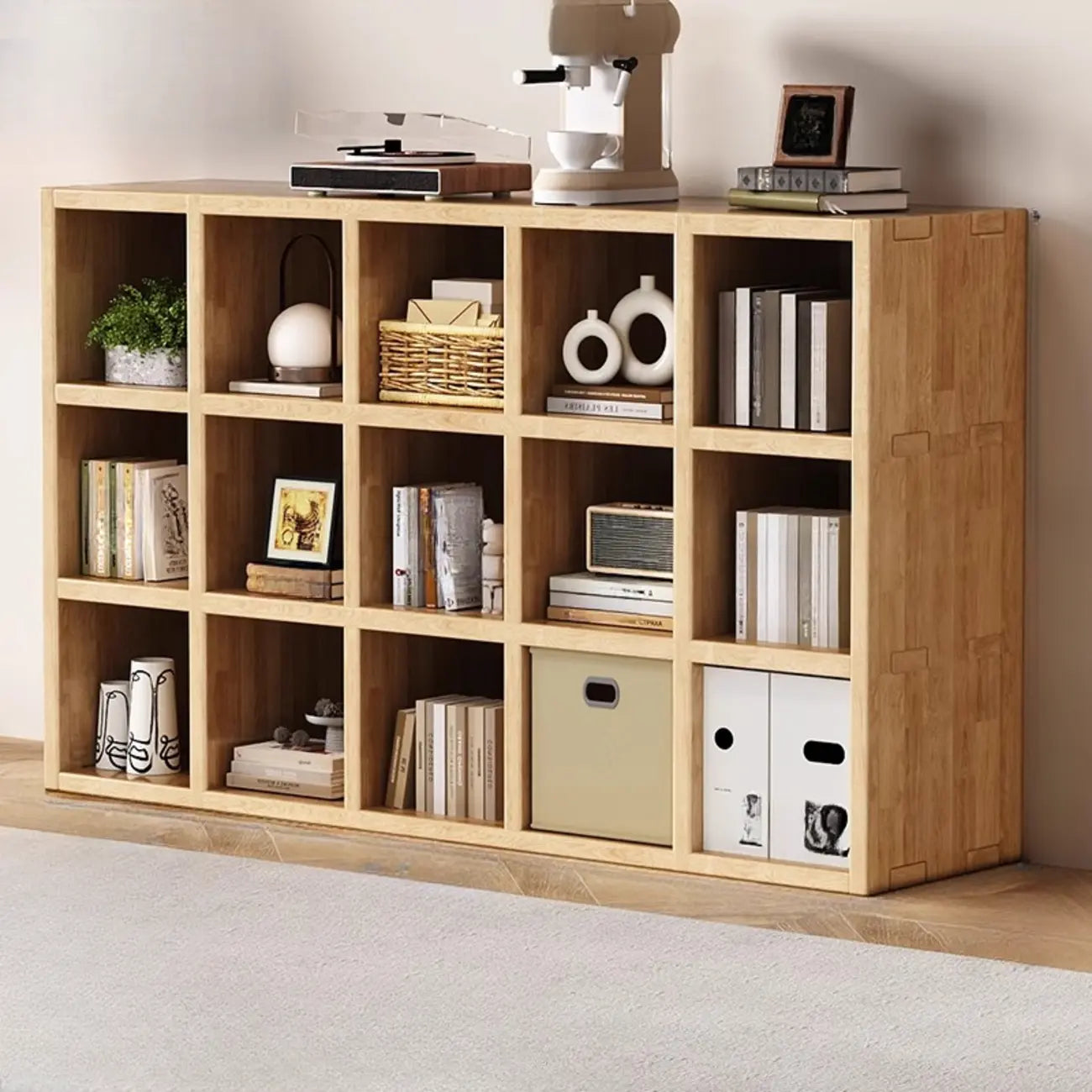 Bibliothèque moderne horizontale en bois à 8 cubes, finition naturelle