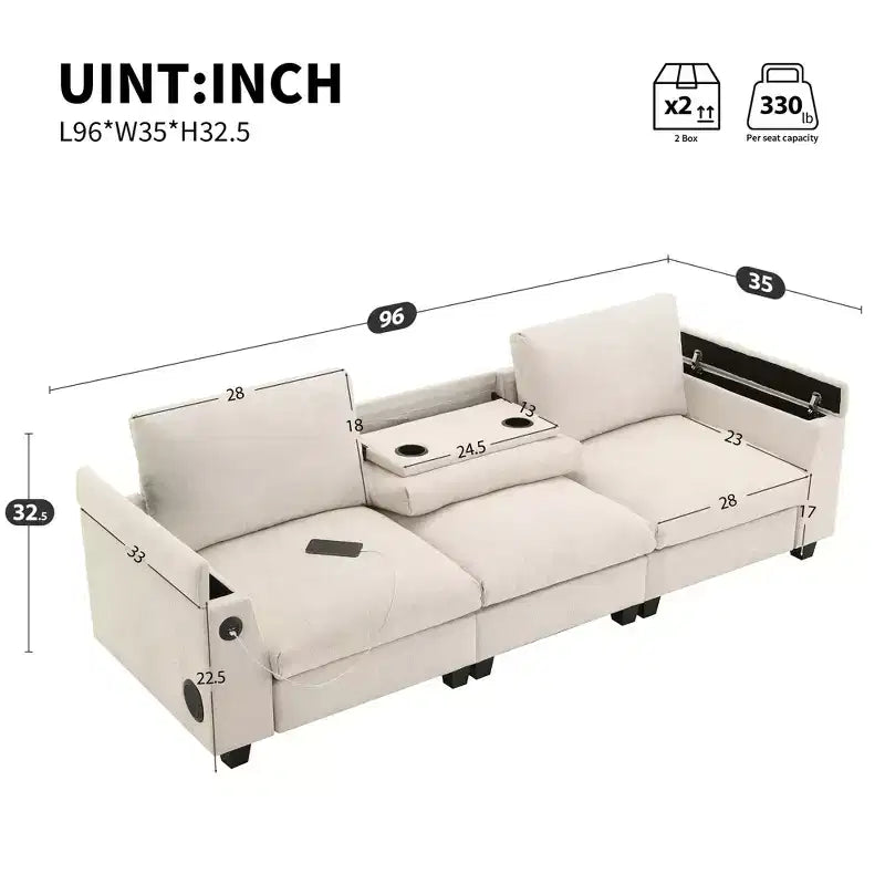 Canapé modulable multifonctionnel GDFStudio Yedda 96 en chenille avec table rabattable et porte-gobelets