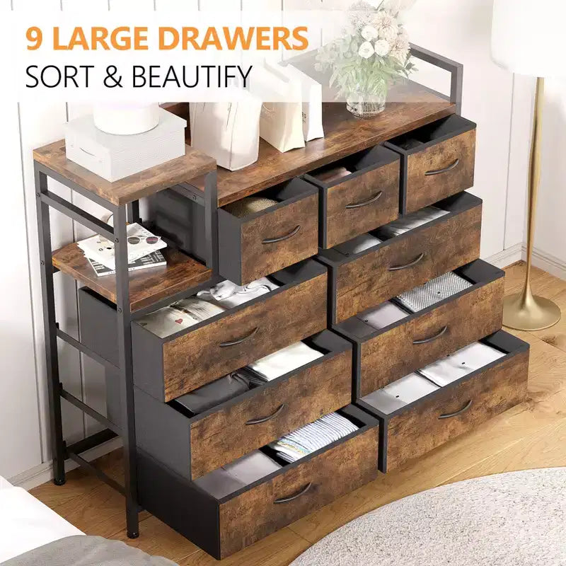 COZONY Commode de rangement à 9 tiroirs de 86,4 cm de haut et meuble TV, Tour de rangement en tissu, Rangement à cadre en acier robuste pour le salon, utilisation dans les petits espaces