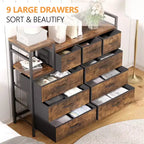 COZONY Commode de rangement à 9 tiroirs de 86,4 cm de haut et meuble TV, Tour de rangement en tissu, Rangement à cadre en acier robuste pour le salon, utilisation dans les petits espaces