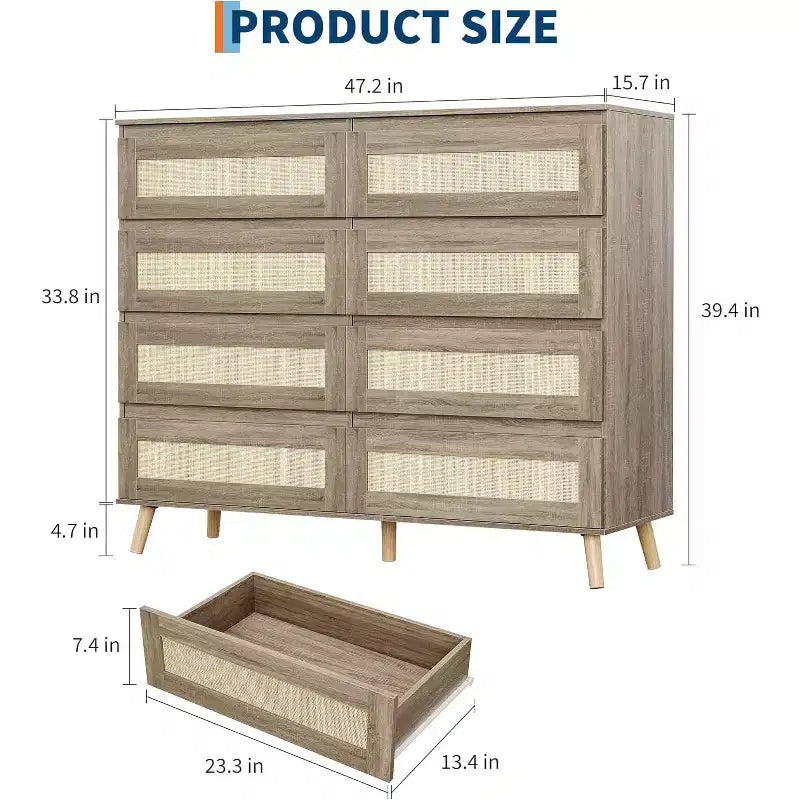 Commode en rotin pour chambre à coucher avec 8 tiroirs, commode de 120 cm de large, commode double en bois moderne avec pieds en bois pour couloir, entrée