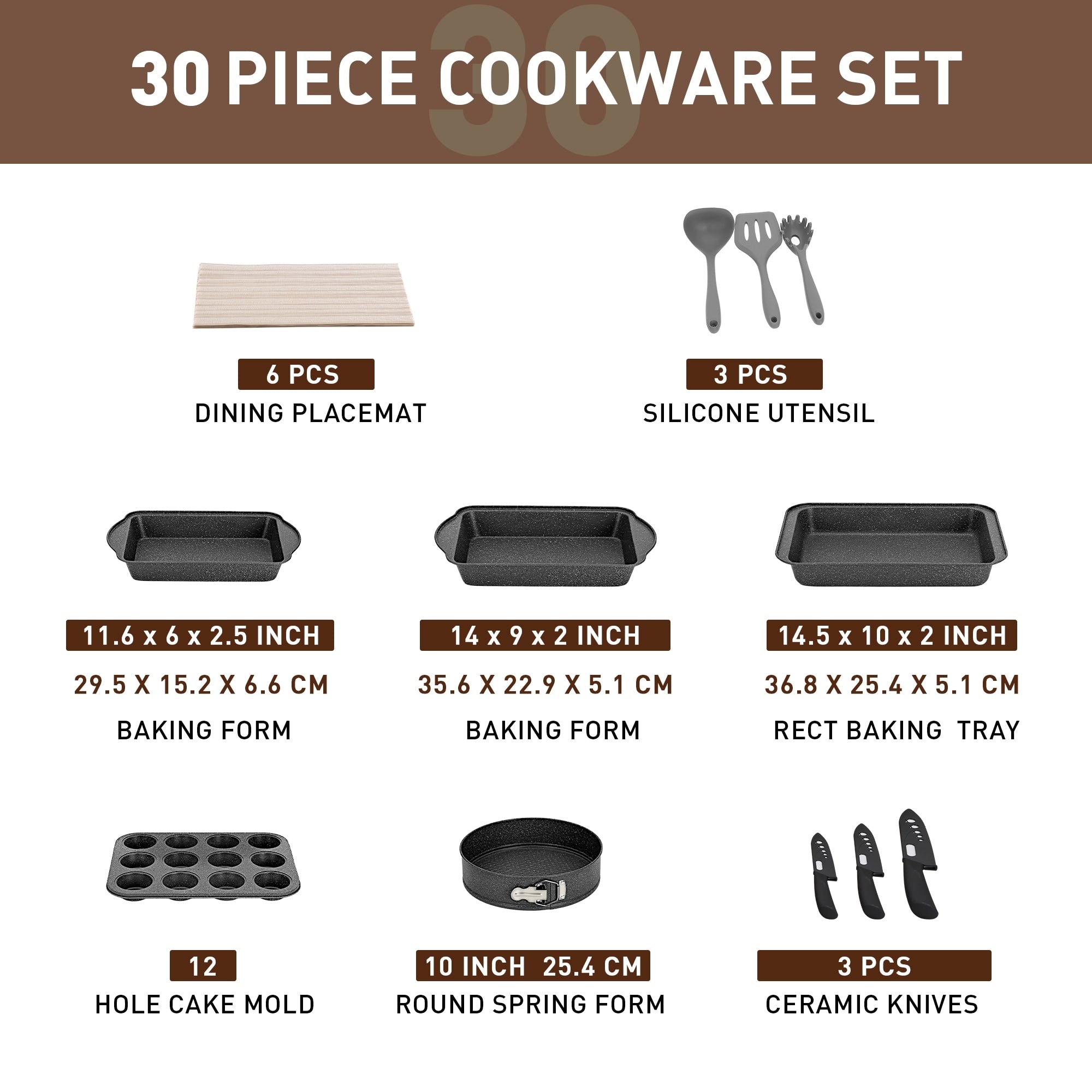 Ensemble de 30 pièces d'ustensiles de cuisine et de pâtisserie en granit, batterie de cuisine antiadhésive, casseroles et poêles