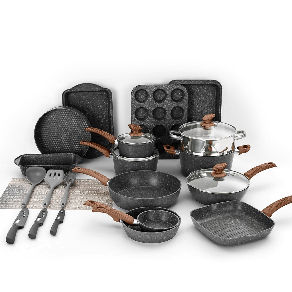Ensemble de 30 pièces d'ustensiles de cuisine et de pâtisserie en granit, batterie de cuisine antiadhésive, casseroles et poêles
