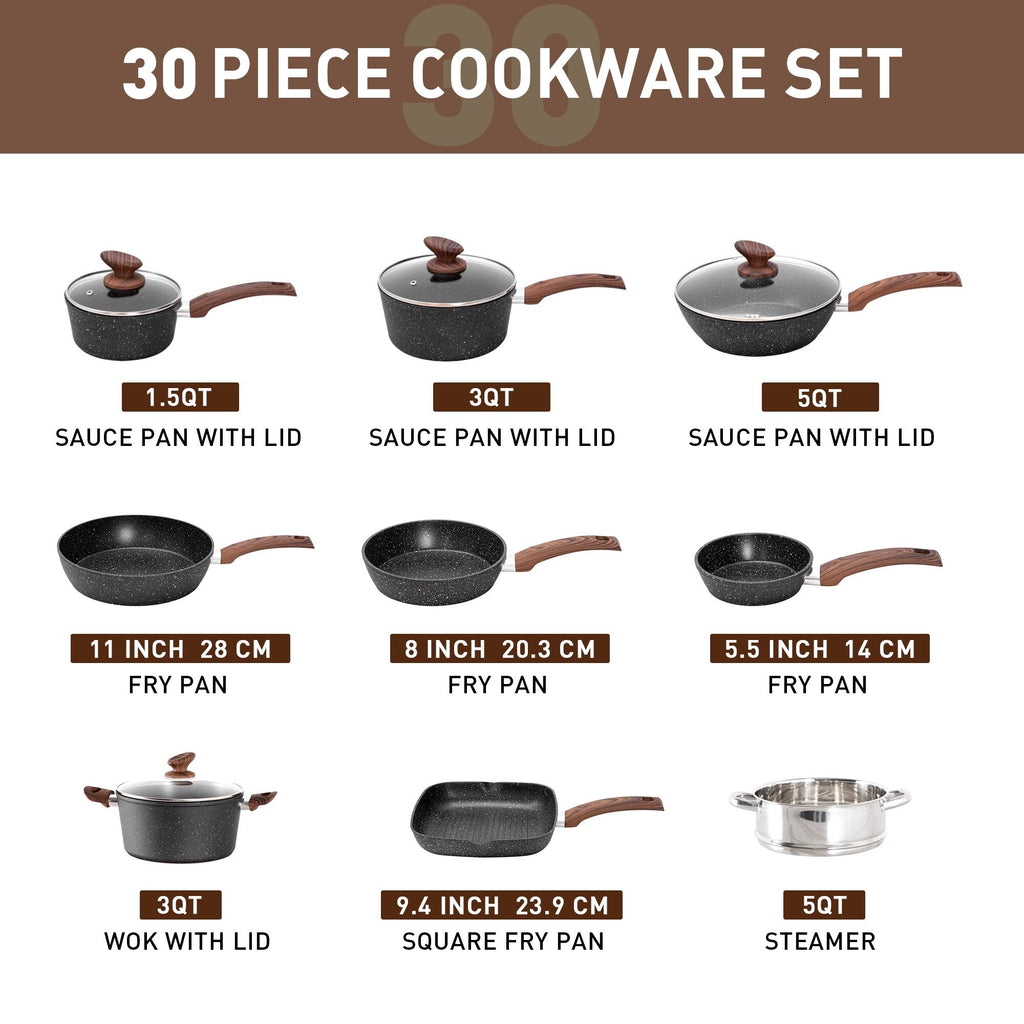 Ensemble de 30 pièces d'ustensiles de cuisine et de pâtisserie en granit, batterie de cuisine antiadhésive, casseroles et poêles
