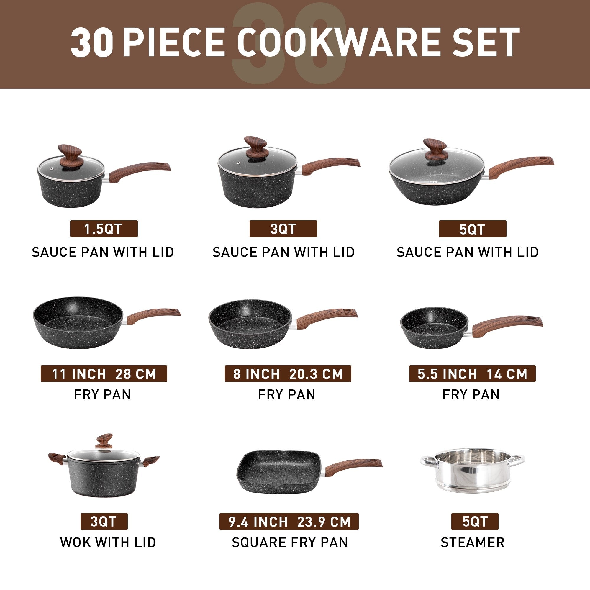 Ensemble de 30 pièces d'ustensiles de cuisine et de pâtisserie en granit, batterie de cuisine antiadhésive, casseroles et poêles