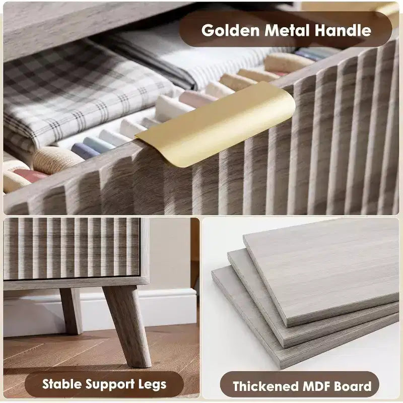 Commode 6 tiroirs pour chambre à coucher, commode de 120 cm de large avec profil incurvé, tiroirs en bois cannelé, commode moderne pour salon