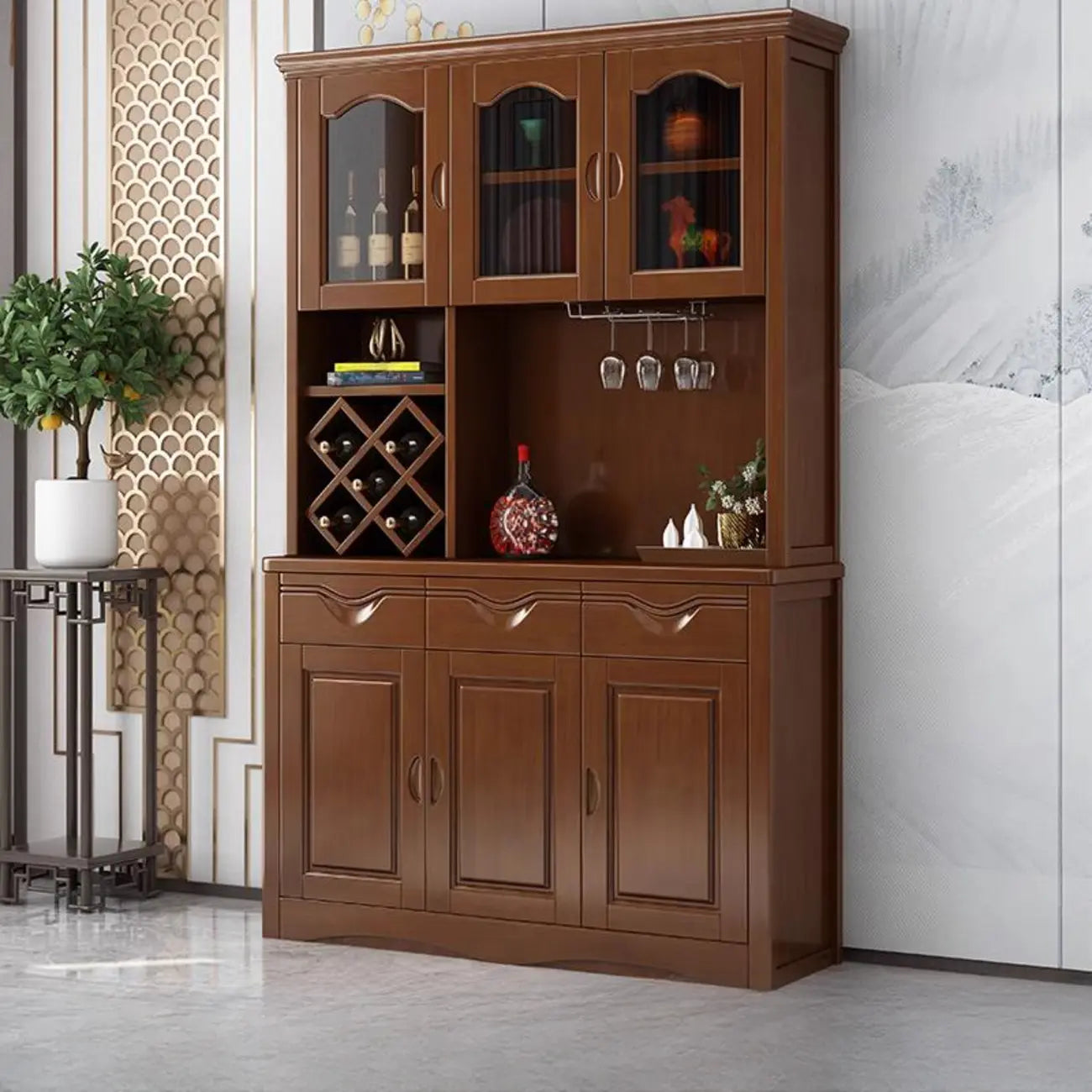 Buffet de cuisine en bois blanc avec casier à vin intégré
