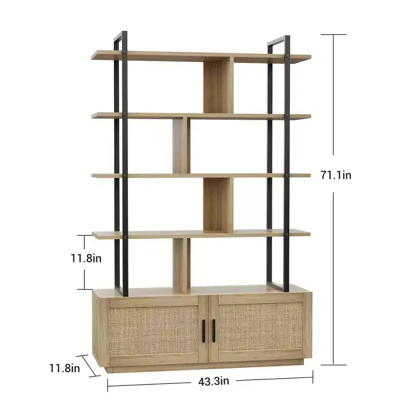 Bibliothèque en rotin GustoWave, étagère industrielle de 180,6 cm de haut avec porte de rangement, étagère à 5 niveaux avec cadre métallique pour salon