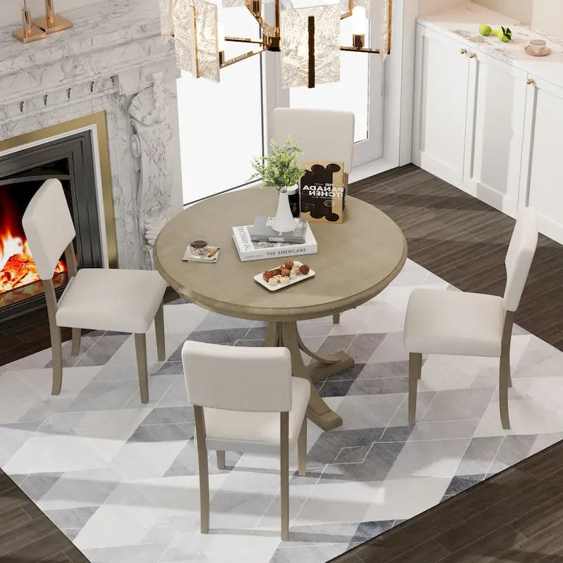Ensemble de salle à manger 5 pièces en bois taupe rétro avec table à tréteaux courbés et 4 chaises
