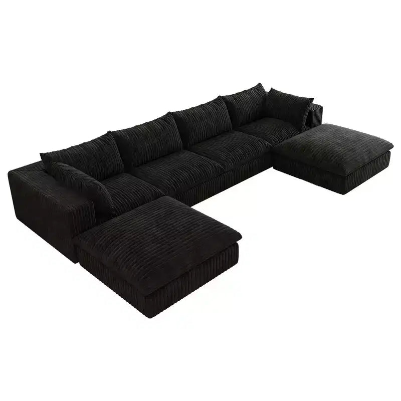 Canapé d'angle modulable en velours côtelé blanc de 4 m avec 2 poufs, grand canapé profond, design double couche, coussin amovible, aucun assemblage requis.
