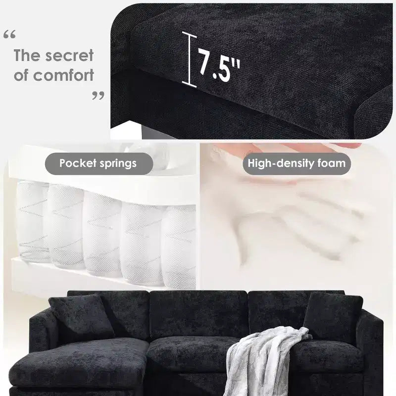 Canapé moderne en forme de L « Nuage » : canapé de luxe 4 places en chenille avec méridienne surdimensionnée, 2 oreillers offerts - Idéal pour salon, appartement, bureau