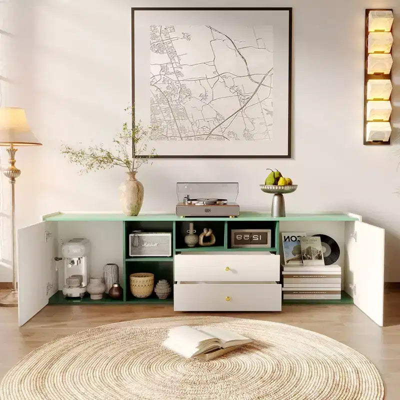Meuble TV moderne Gaoyangjiaju 78,7 pouces, bloc de couleurs, pour téléviseur de 85 pouces, console média avec tiroirs et armoire de rangement pour salon, vert et blanc