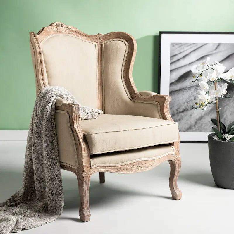 Fauteuil à oreilles Safavieh Couture Kali en chêne et lin naturel - 34 larg. x 34 prof. x 40 haut.