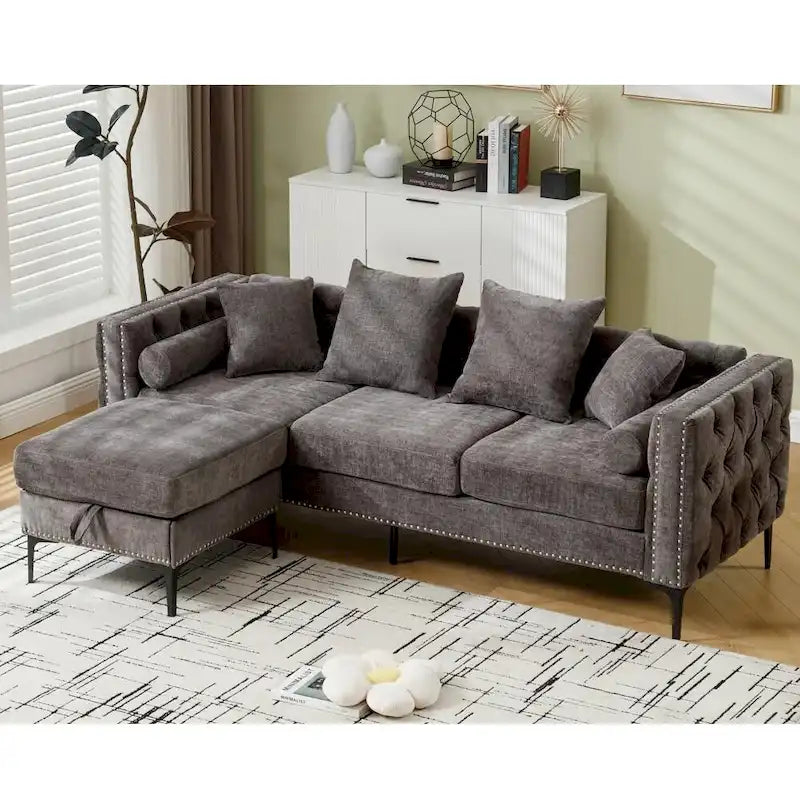 Canapé sectionnel convertible moderne en forme de L en chenille capitonnée