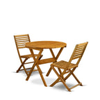East West Furniture Ensemble Bistro de conversation d'extérieur comprenant une table basse ronde en bois et 2 chaises pliantes, Huile naturelle
