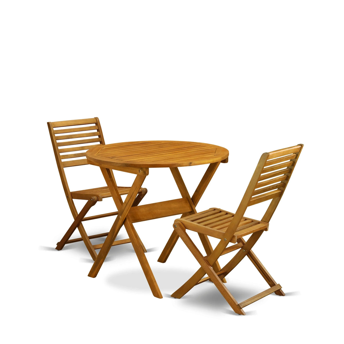 East West Furniture Ensemble Bistro de conversation d'extérieur comprenant une table basse ronde en bois et 2 chaises pliantes, Huile naturelle