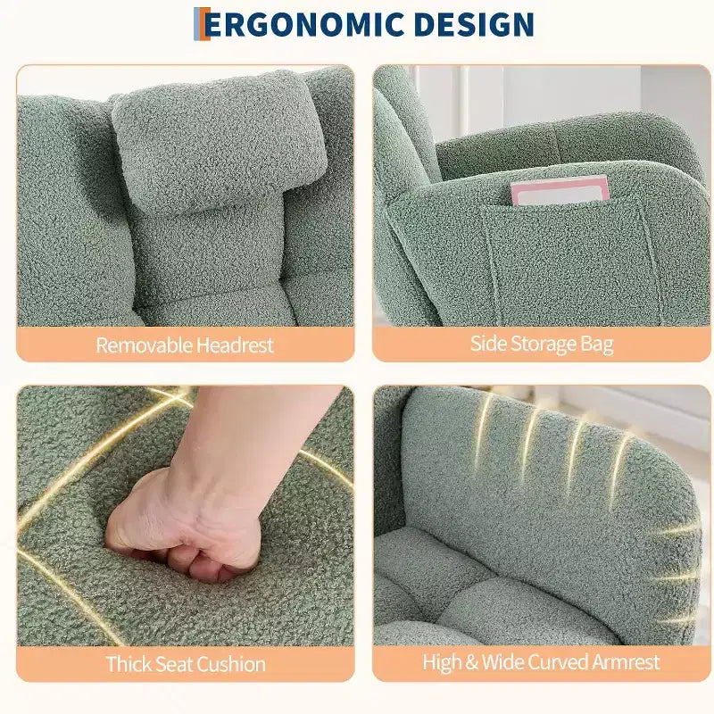 Fauteuil à bascule Teddy avec oreiller et dossier haut, fauteuil d'appoint rembourré en tissu pour chambre d'enfant, salon, chambre à coucher