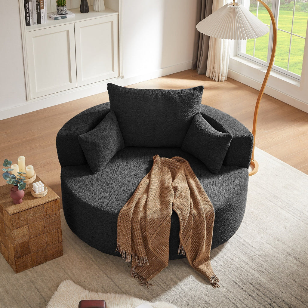 Fauteuil baril accent en chenille, Fauteuil de salon, Fauteuil rond avec base pivotante à 360 degrés et 3 coussins amovibles