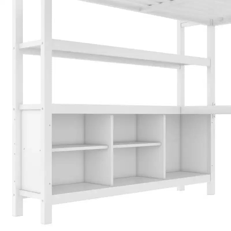 Lit mezzanine en métal double/grand format avec armoire et bureau en L, lit mezzanine robuste avec casiers de rangement et étagères, blanc/noir - ModernLuxe