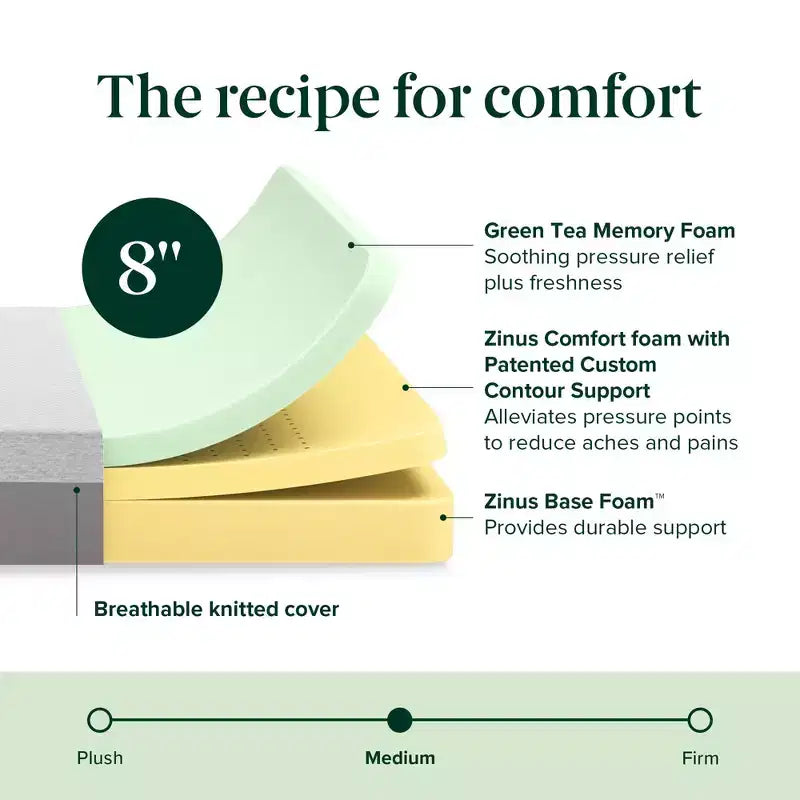 Matelas en mousse à mémoire de forme Zinus Ultima RV 8 pouces, Short Queen, sans fibre de verre, fermeté moyenne, mousse à mémoire de forme respirante, mousses et tissus certifiés sûrs