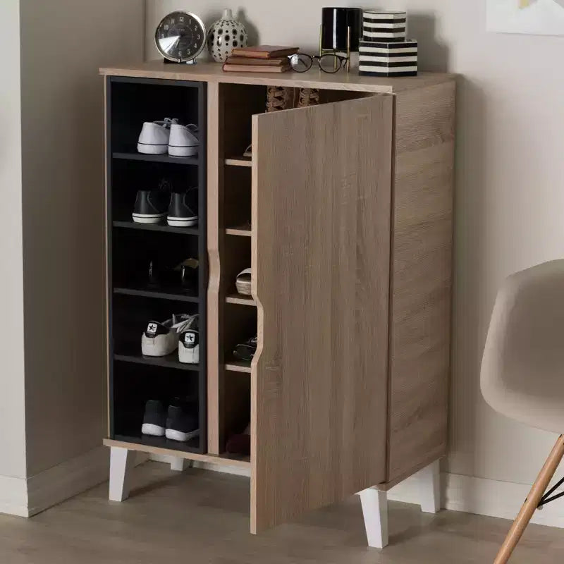 Meuble à chaussures en bois 1 porte Adelina Mid-Century Modern Baxton Studio - Marron : Organiseur de chaussures autoportant pour entrée, peut contenir 15 paires