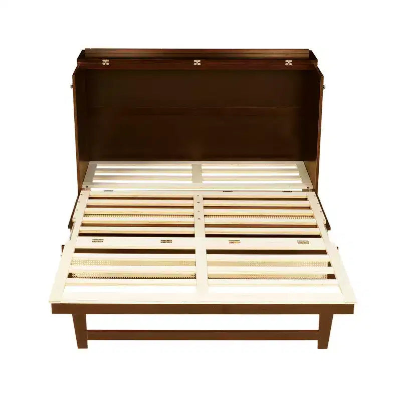 Lit escamotable Whisen Queen Size en pin avec décoration en rotin et tiroir de rangement