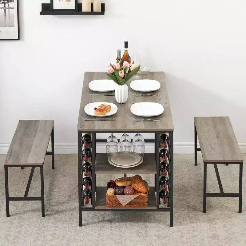 Ensemble de salle à manger 4 places, table de cuisine avec 2 bancs, casier à vin et étagère de rangement, ensemble de table de salle à manger rectangulaire, ensemble de salle à manger 3 pièces
