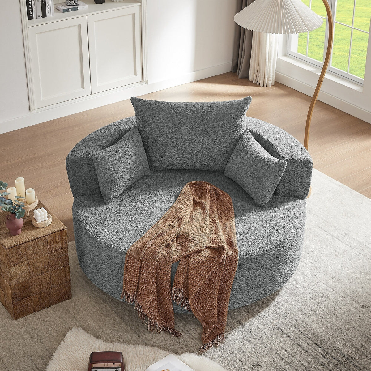 Fauteuil baril accent en chenille, Fauteuil de salon, Fauteuil rond avec base pivotante à 360 degrés et 3 coussins amovibles