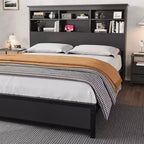 Cadre de lit King Size avec tête de lit bibliothèque, lit plateforme King Size avec rangement à 2 niveaux et station de recharge, aucun sommier tapissier requis, facile à monter, Noir