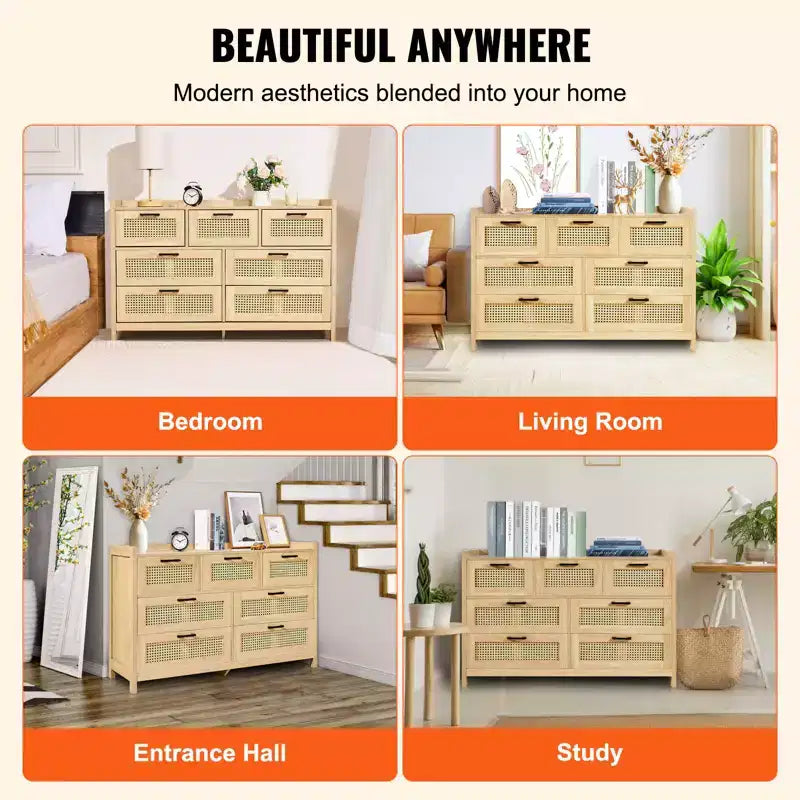 Commode 7 tiroirs en rotin VEVOR, commodes en bois de rotin naturel avec lumière LED, organisateur de vêtements et rangement de poitrine en bois moderne, commode bohème, couleur bois