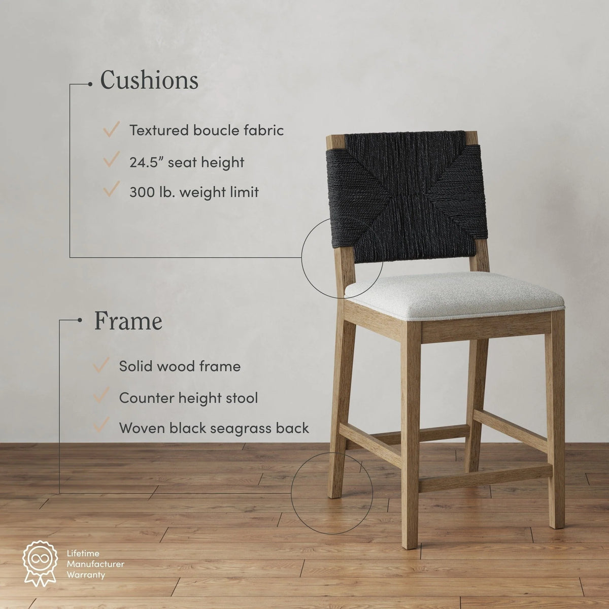 Tabouret de bar Beacon Bohemian Boucle, Chaise de comptoir rembourrée avec structure en bois massif et dossier en jonc de mer tressé