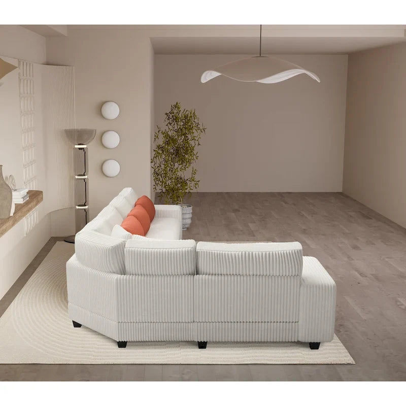 Canapé d'angle modulable 5 places en L avec oreillers, accoudoirs en bois et étagères de rangement polyvalentes, 142 po