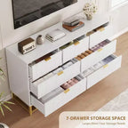 Commode pour chambre à coucher, commode de 136 cm de large avec 7 tiroirs, poignées et pieds en métal doré, commode moderne pour placard, couloir