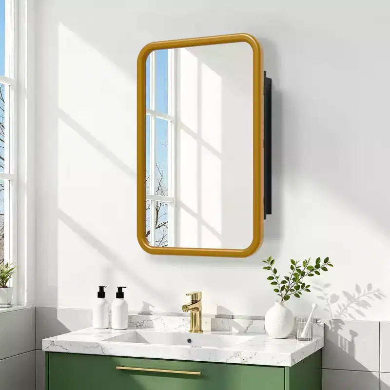 Armoire à pharmacie murale rectangulaire arrondie en fer forgé blanc de 19,5 x 29,64 pouces avec miroir pour salle de bain