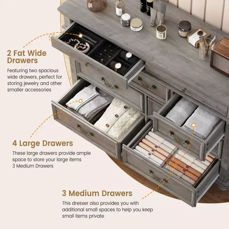Commode de Ferme à 9 Tiroirs pour Chambre à Coucher, Large Commode Rustique en Bois de 47" avec 9 Tiroirs et Poignées en Métal, Grand Organiseur de Rangement