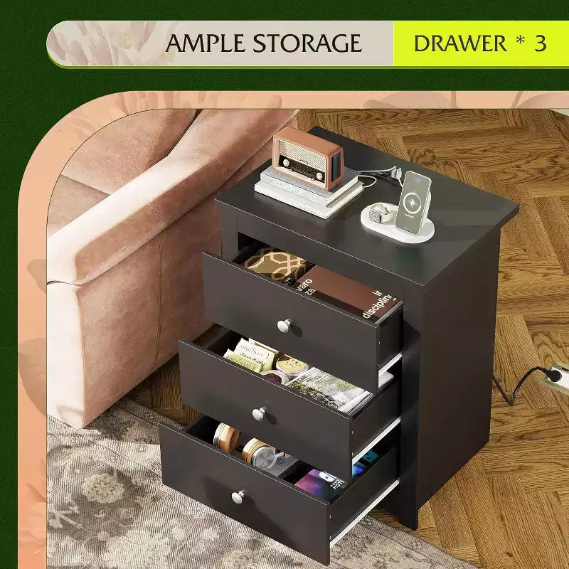 GALAXHERO Grande table de chevet avec station de charge, table de nuit en bois avec 3 tiroirs, table d'appoint pour chambre et dortoir, avec 2 ports USB et 2 prises AC