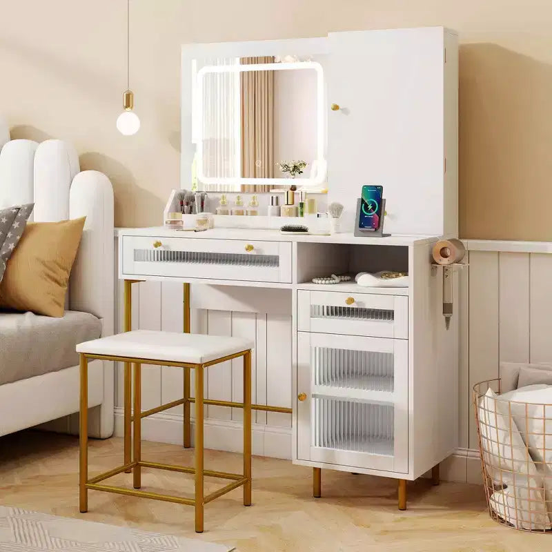 Costway Coiffeuse avec Miroir et Lumières 3 Modes d'Éclairage et Luminosité Réglable
