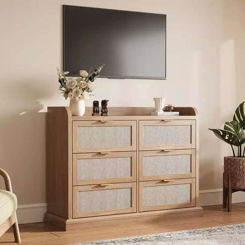 Commode à 6 tiroirs, commode en rotin avec grand espace de rangement, commode bohème, commode pour salon/placard/chambre à coucher, marron