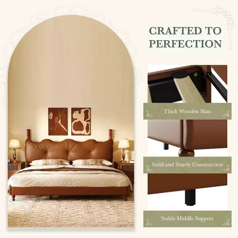 Cadre de lit Queen/King en cuir PU avec tête de lit capitonnée ondulée, de style moderne du milieu du siècle et vintage, Café - ModernLuxe