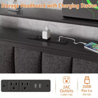 Cadre de lit Queen avec station de recharge, lumières LED, 2 tiroirs de rangement, tête de lit rembourrée grise, support métallique, pas besoin de sommier tapissier