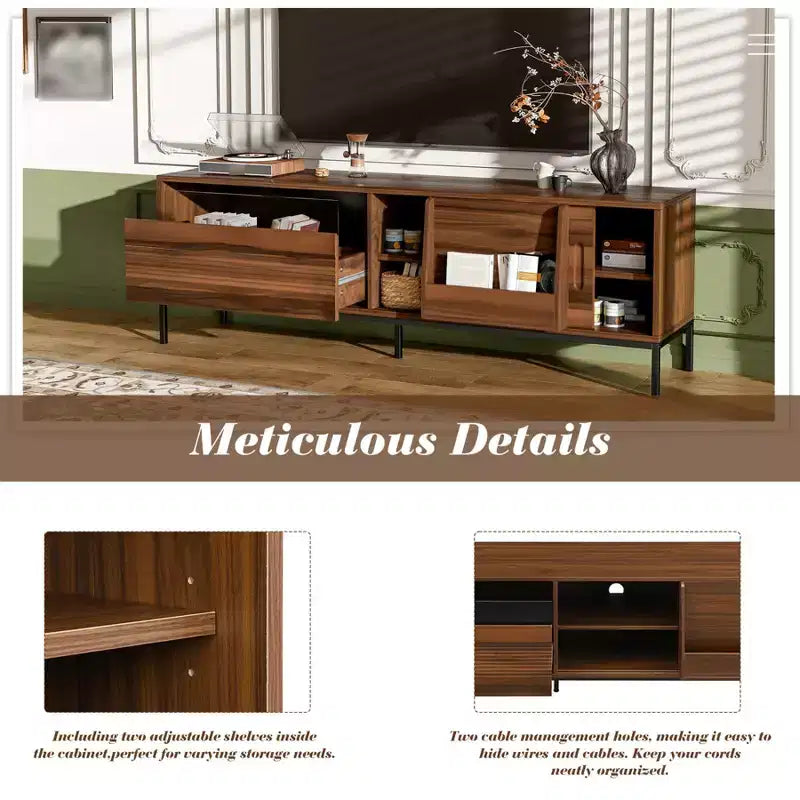 Meuble TV moderne pour téléviseurs jusqu'à 75 pouces, meuble de divertissement en bois de 180 cm avec rangement et porte coulissante, table console multimédia pour salon et chambre