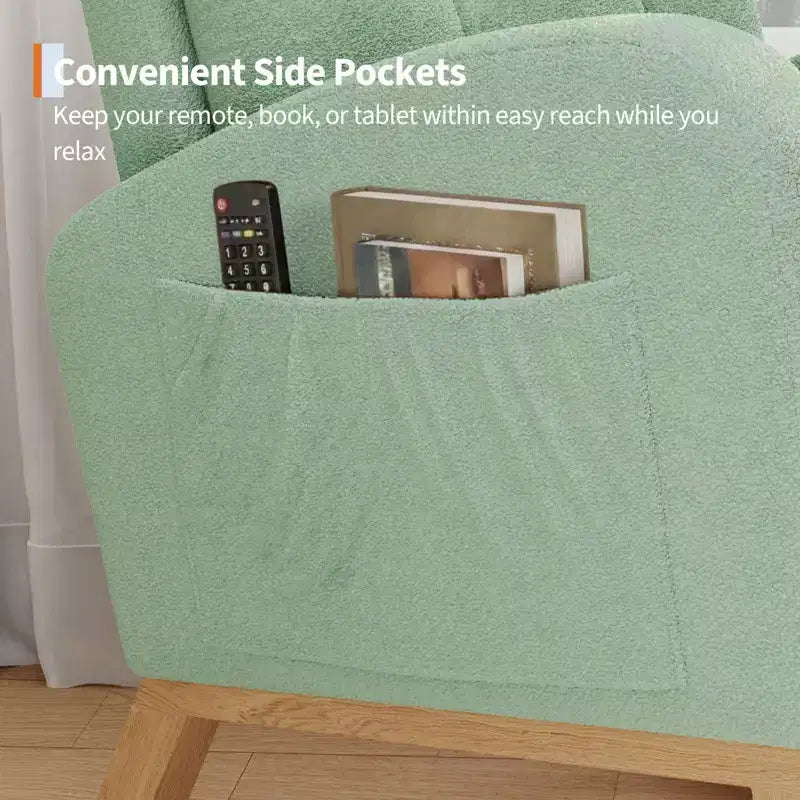 Fauteuil à bascule pour chambre de bébé avec repose-pieds réglable, fauteuil à bascule planant à dossier haut en lin avec pieds en bois pour salon, chambre à coucher et chambre de bébé